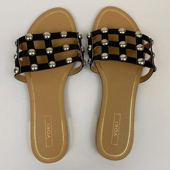 Yoki Black Caged Studded Rocker Biker Sandals Slip On Shoes Womens Size 10 - Picture 5 of 9